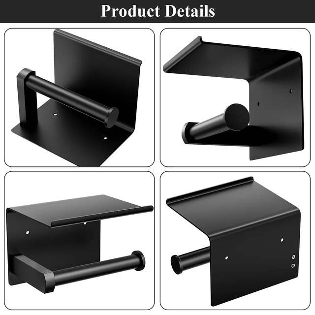 Alt view image 5 of 5 - Toilet Paper Holder with Phone Shelf, Adhesive or Screw Wall Mount Toilet Tissue Roll Holder, Rustproof & Multifunctional Stainless Steel Bathroom Storage Dispenser (Matte Black)