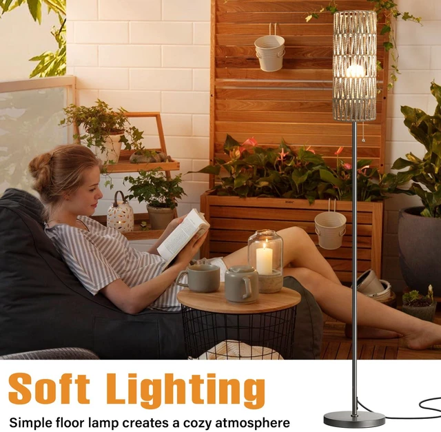 Alt view image 4 of 5 - 64" Floor Lamp with Bulb & Rattan Shade & Chain Switch, Grey 3 Color Temperature,9W LED bulb,Boho Floor Lamp,Tall Pole Lamps,Living Room,Bedrooms,for Study,Office