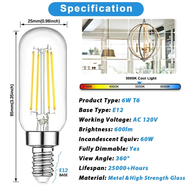 Alt view image 3 of 7 - Dimmable E12 Candelabra LED Bulbs 60W Equivalent 6W 600lm, T6 Edison Light Bulbs, 5000K Daylight White, Clear Filament Chandelier LED Light Bulbs, Small Vintage Bulbs for Ceiling Light Fan, 12-Pack
