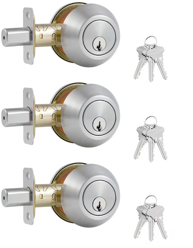 Main image of 1 Side Keyed Deadbolt Lock,Single Cylinder Dead Bolt, Satin Nickel Round Exterior Keyed Front Entry Inside Door Deadbolt, 3PACK