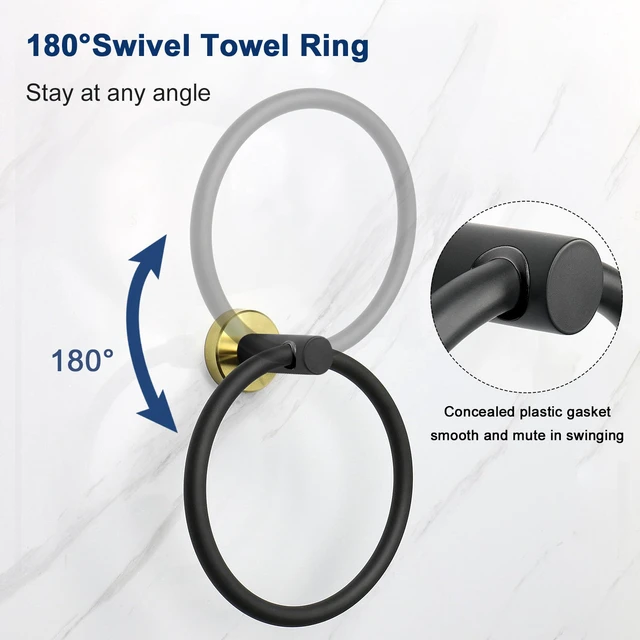 Alt view image 6 of 7 - Bath Towel Ring, Bathroom Hardware Accessories-Thicken Stainless Steel Hand Towel Holder for Bathroom, Modern Round Towel Hanger Wall Mounted (Black and Gold, 1 Pack)