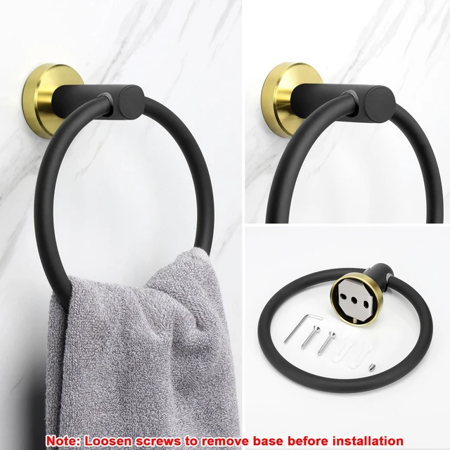 Alt view image 5 of 7 - Bath Towel Ring, Bathroom Hardware Accessories-Thicken Stainless Steel Hand Towel Holder for Bathroom, Modern Round Towel Hanger Wall Mounted (Black and Gold, 1 Pack)