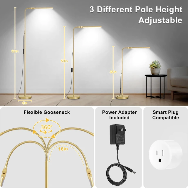 Alt view image 4 of 7 - Gold Floor Lamp, 18W/2000LM Bright LED Floor Lamp for Living Room Office, Adjustable Gooseneck Dimmable Standing Task Lamp for Reading, Study, Arts, Eye Caring Craft Light for Sewing Tatoo Puzzle