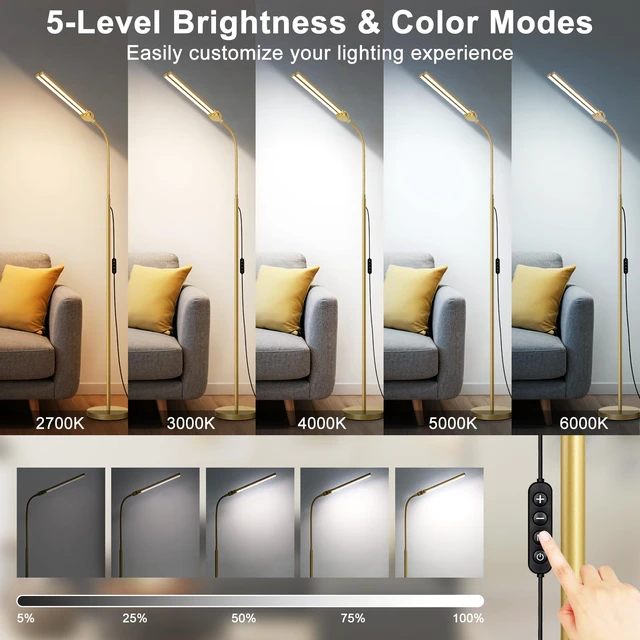 Alt view image 3 of 7 - Gold Floor Lamp, 18W/2000LM Bright LED Floor Lamp for Living Room Office, Adjustable Gooseneck Dimmable Standing Task Lamp for Reading, Study, Arts, Eye Caring Craft Light for Sewing Tatoo Puzzle