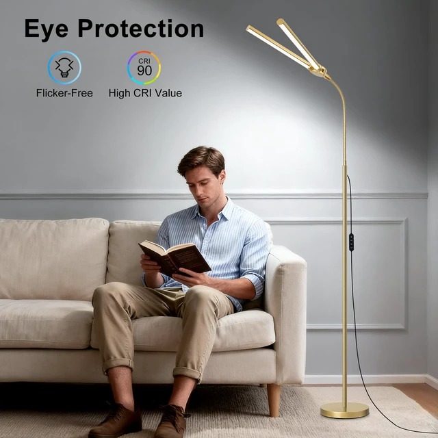 Alt view image 5 of 7 - Gold Floor Lamp, 18W/2000LM Bright LED Floor Lamp for Living Room Office, Adjustable Gooseneck Dimmable Standing Task Lamp for Reading, Study, Arts, Eye Caring Craft Light for Sewing Tatoo Puzzle