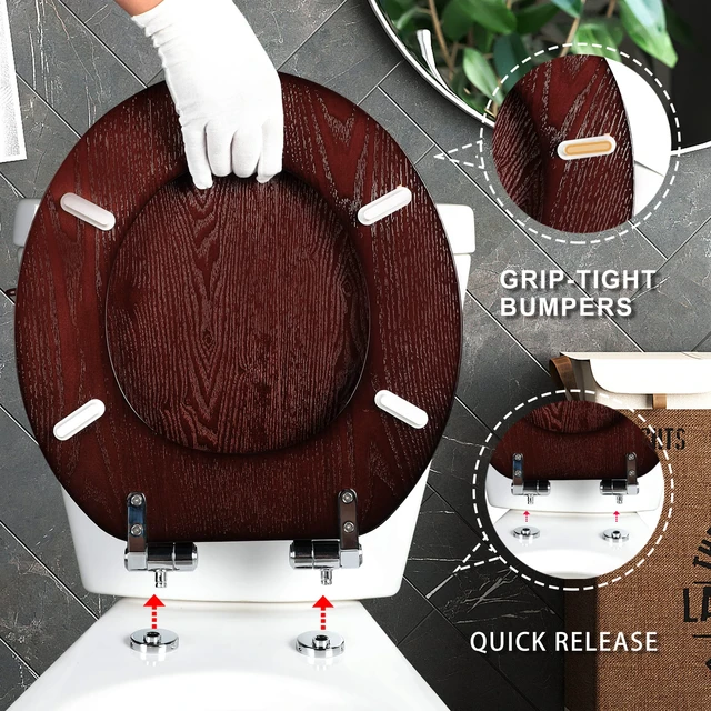 Alt view image 4 of 7 - Toilet Seat Round Wood Slow Close(Dark Walnut) Quick Release Metal Hinges, Adjustable Fit for Standard Round Toilets, Easy to Install&Clean