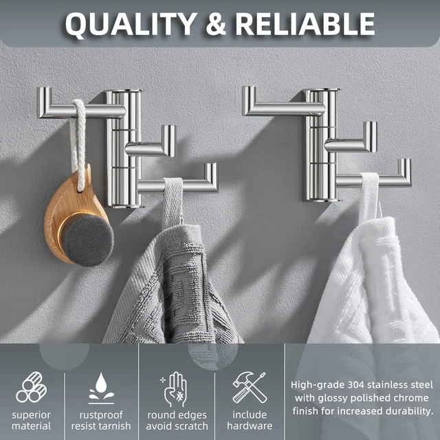 Alt view image 3 of 7 - Swivel Towel Hooks, Robe Coat Hook 2 Pack, Polished Chrome 304 Stainless Steel, Foldable Hand Towel Holder for Bathroom Kitchen Closet Cabinet, Compact Space Saver, Screws Wall Mount
