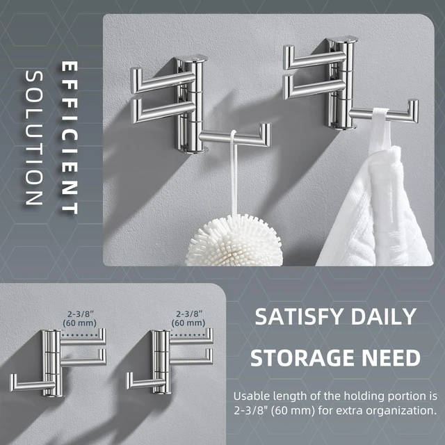 Alt view image 4 of 7 - Swivel Towel Hooks, Robe Coat Hook 2 Pack, Polished Chrome 304 Stainless Steel, Foldable Hand Towel Holder for Bathroom Kitchen Closet Cabinet, Compact Space Saver, Screws Wall Mount