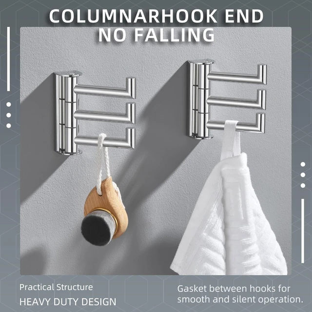 Alt view image 6 of 7 - Swivel Towel Hooks, Robe Coat Hook 2 Pack, Polished Chrome 304 Stainless Steel, Foldable Hand Towel Holder for Bathroom Kitchen Closet Cabinet, Compact Space Saver, Screws Wall Mount