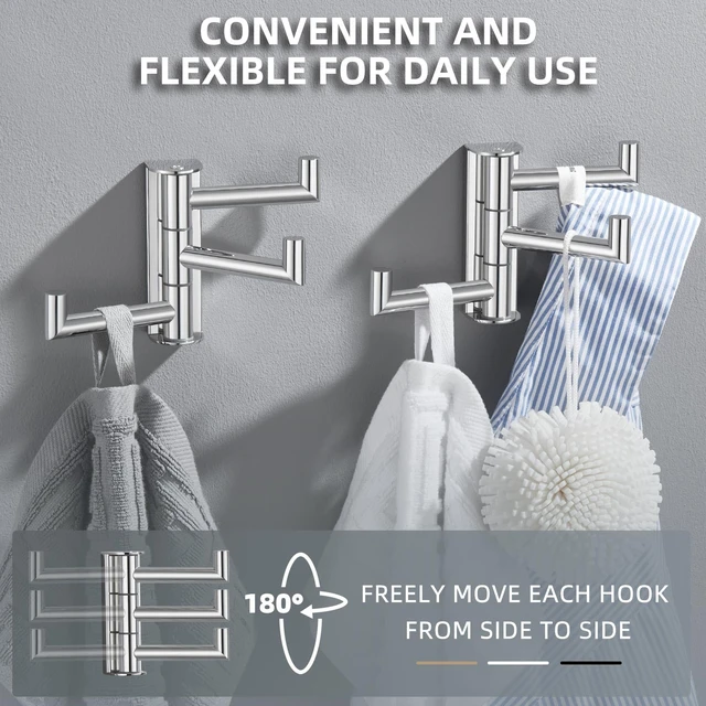 Alt view image 5 of 7 - Swivel Towel Hooks, Robe Coat Hook 2 Pack, Polished Chrome 304 Stainless Steel, Foldable Hand Towel Holder for Bathroom Kitchen Closet Cabinet, Compact Space Saver, Screws Wall Mount