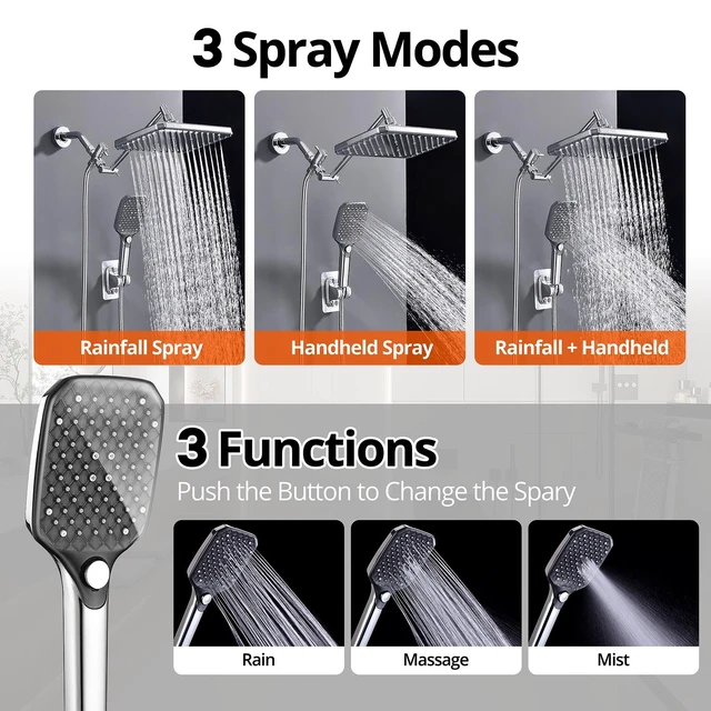 Alt view image 4 of 7 - XXL 12.2" Rain Shower Head with Handheld Spray, High Pressure Combo Height adjustable dual shower system with rainfall showerhead and handheld spray for bathroom upgrades and easy rinsing
