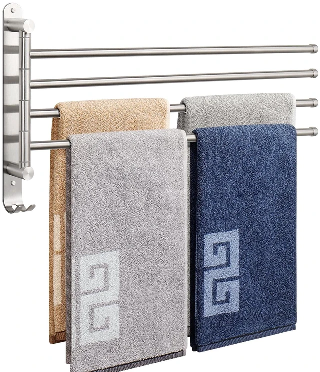 Main image of Swivel Towel Rack, 19.5" Thicken 304 Stainless Steel 4-Arm Towel Bar, Space Saving Wall Mounted Towel Holder with Hook, Rustproof Swing Out Towel Hanger for Bathroom, Kitchen (Brushed Nickel)