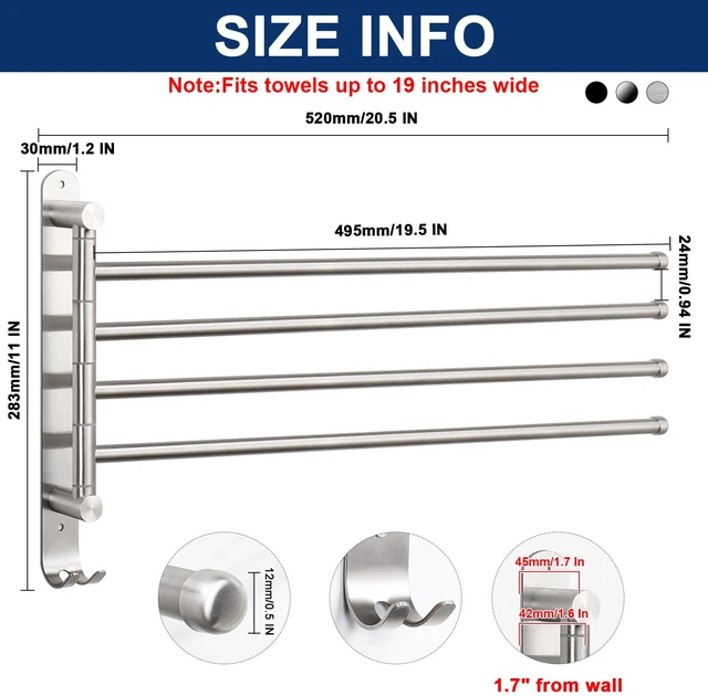 Alt view image 2 of 7 - Swivel Towel Rack, 19.5" Thicken 304 Stainless Steel 4-Arm Towel Bar, Space Saving Wall Mounted Towel Holder with Hook, Rustproof Swing Out Towel Hanger for Bathroom, Kitchen (Brushed Nickel)