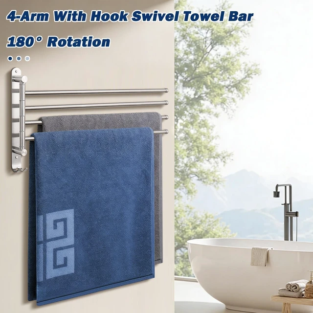 Alt view image 3 of 7 - Swivel Towel Rack, 19.5" Thicken 304 Stainless Steel 4-Arm Towel Bar, Space Saving Wall Mounted Towel Holder with Hook, Rustproof Swing Out Towel Hanger for Bathroom, Kitchen (Brushed Nickel)