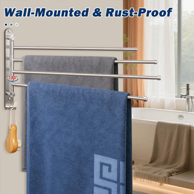 Alt view image 4 of 7 - Swivel Towel Rack, 19.5" Thicken 304 Stainless Steel 4-Arm Towel Bar, Space Saving Wall Mounted Towel Holder with Hook, Rustproof Swing Out Towel Hanger for Bathroom, Kitchen (Brushed Nickel)
