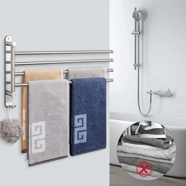 Alt view image 6 of 7 - Swivel Towel Rack, 19.5" Thicken 304 Stainless Steel 4-Arm Towel Bar, Space Saving Wall Mounted Towel Holder with Hook, Rustproof Swing Out Towel Hanger for Bathroom, Kitchen (Brushed Nickel)
