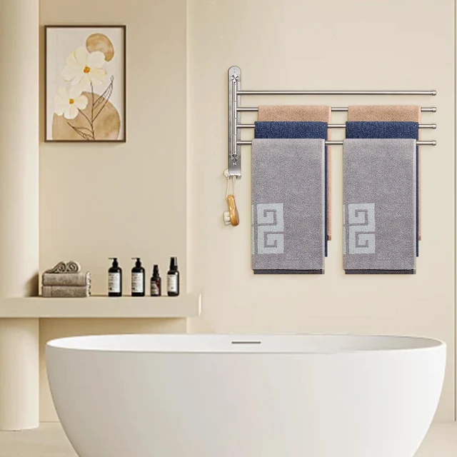 Alt view image 7 of 7 - Swivel Towel Rack, 19.5" Thicken 304 Stainless Steel 4-Arm Towel Bar, Space Saving Wall Mounted Towel Holder with Hook, Rustproof Swing Out Towel Hanger for Bathroom, Kitchen (Brushed Nickel)
