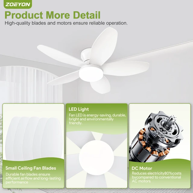 Alt view image 6 of 7 - Small Ceiling Fan with Light - 35 Inch Flush Mount Ceiling Fan with Lights and Remote, Low Profile Ceiling Fans with 5 Reversible Blades, 6 Wind Speeds, White Ceiling Fans for Bedroom