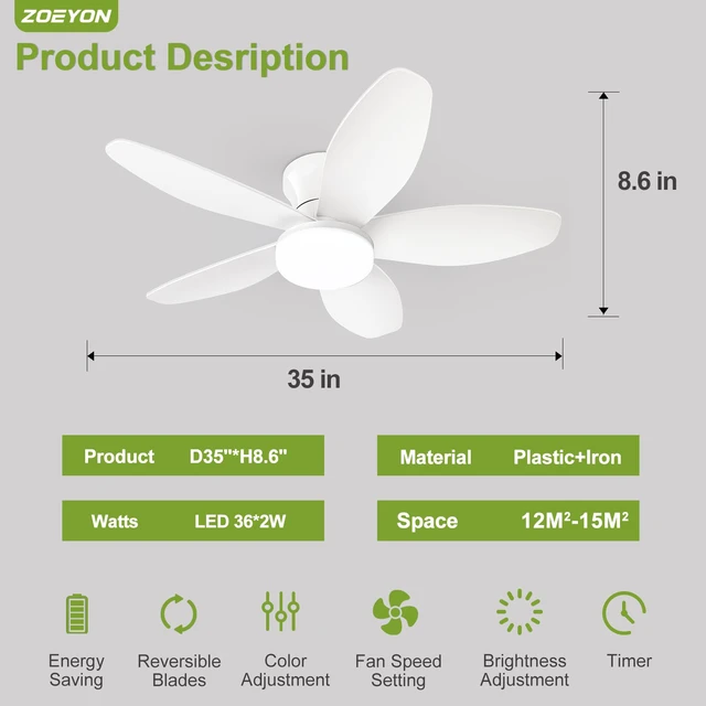Alt view image 7 of 7 - Small Ceiling Fan with Light - 35 Inch Flush Mount Ceiling Fan with Lights and Remote, Low Profile Ceiling Fans with 5 Reversible Blades, 6 Wind Speeds, White Ceiling Fans for Bedroom