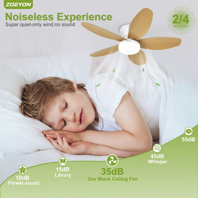 Alt view image 5 of 7 - Small Ceiling Fan with Light - 35 Inch Flush Mount Ceiling Fan with Lights and Remote, Low Profile Ceiling Fans with 5 Reversible Blades, 6 Wind Speeds, White&Wood Ceiling Fans for Bedroom