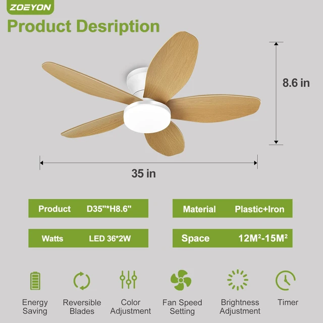 Alt view image 7 of 7 - Small Ceiling Fan with Light - 35 Inch Flush Mount Ceiling Fan with Lights and Remote, Low Profile Ceiling Fans with 5 Reversible Blades, 6 Wind Speeds, White&Wood Ceiling Fans for Bedroom