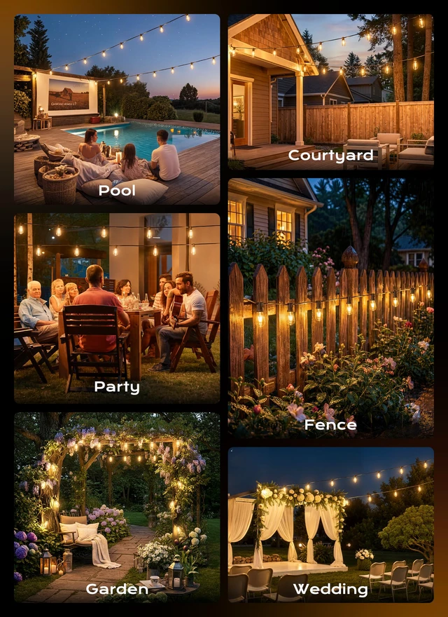 Alt view image 5 of 6 - 132FT Outdoor String Lights with Remote, ST38 Patio Lights Dimmable Waterproof LED Outdoor Lights with 3 Modes, Shatterproof Connectable Hanging Outside Lights for Backyard Porch Garden Decor