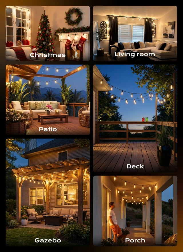 Alt view image 6 of 6 - 132FT Outdoor String Lights with Remote, ST38 Patio Lights Dimmable Waterproof LED Outdoor Lights with 3 Modes, Shatterproof Connectable Hanging Outside Lights for Backyard Porch Garden Decor