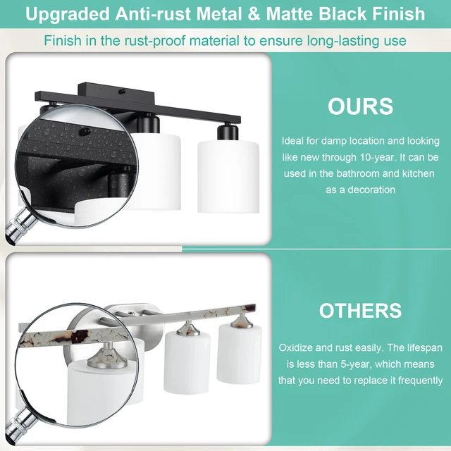 Alt view image 2 of 7 - Black Bathroom Light Fixtures Over Mirror 18 Inches Rustproof 3-Light Vanity Lights Over Mirror, E26 Standard Socket, Milky White Glass Shades, Bulbs Not Included
