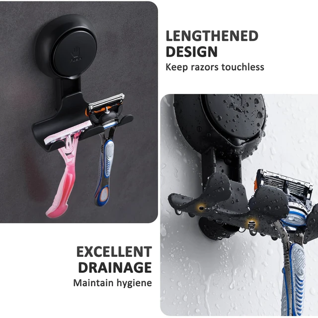 Alt view image 4 of 7 - Razor Holder for Shower 2 Pack, Powerful Suction Cup Hooks, Black No Drill, Powerful Suction Up to 11 lbs, Shower Hook for Bathroom Wall Glass Tile, Removable Holder for Razor Towel Loofah
