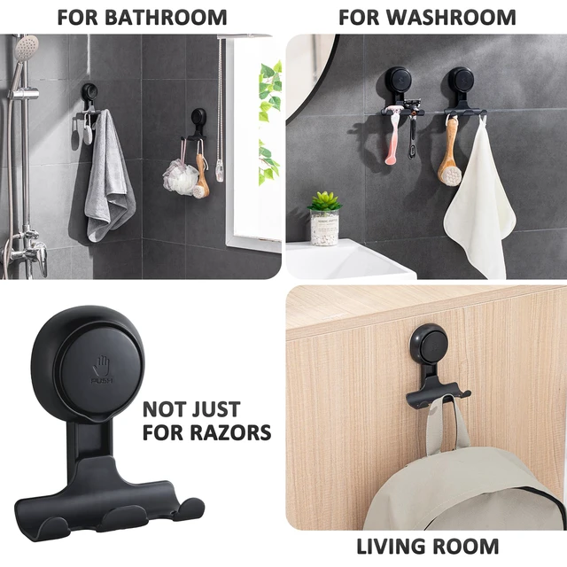 Alt view image 5 of 7 - Razor Holder for Shower 2 Pack, Powerful Suction Cup Hooks, Black No Drill, Powerful Suction Up to 11 lbs, Shower Hook for Bathroom Wall Glass Tile, Removable Holder for Razor Towel Loofah