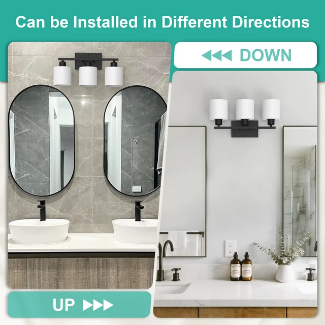 Alt view image 4 of 7 - Black Bathroom Light Fixtures Over Mirror 18 Inches Rustproof 3-Light Vanity Lights Over Mirror, E26 Standard Socket, Milky White Glass Shades, Bulbs Not Included