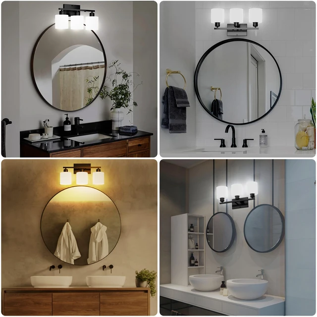 Alt view image 6 of 7 - Black Bathroom Light Fixtures Over Mirror 18 Inches Rustproof 3-Light Vanity Lights Over Mirror, E26 Standard Socket, Milky White Glass Shades, Bulbs Not Included