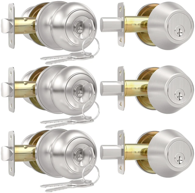 Main image of Exterior Door Knob with Lock, 3 Pack Keyed Entry Front Door Lock Set Keyed Alike Front Door Knob with Single Cylinder Deadbolt Lock, Brushed Nickel Reversible Knob for Bedroom, Adjustable Latch