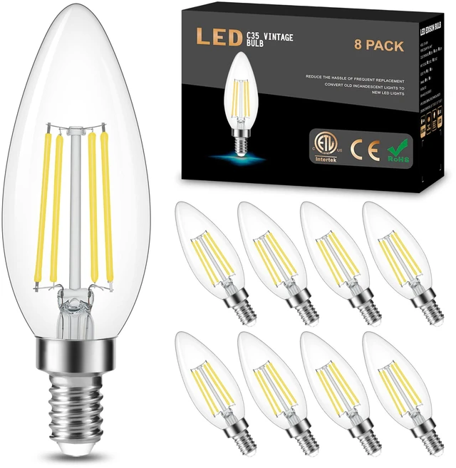 Main image of 8 Pack Dimmable E12 LED Candelabra Bulb 5000K Daylight 60W 600LM, CRI 85+, AC 120V, Type B Bulb for Chandeliers, Ceiling Fans, Clear Glass Candle Shape, Vintage Filament