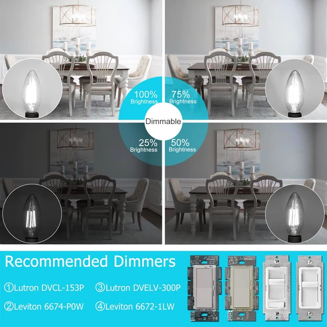 Alt view image 2 of 7 - 8 Pack Dimmable E12 LED Candelabra Bulb 5000K Daylight 60W 600LM, CRI 85+, AC 120V, Type B Bulb for Chandeliers, Ceiling Fans, Clear Glass Candle Shape, Vintage Filament
