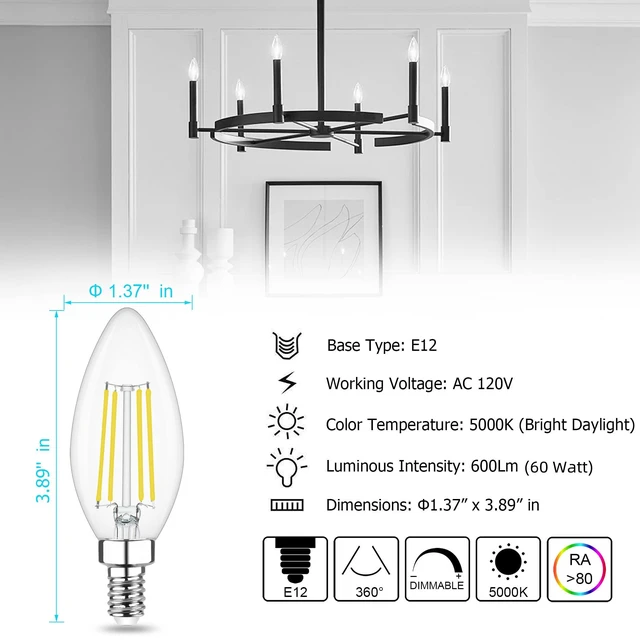 Alt view image 3 of 7 - 8 Pack Dimmable E12 LED Candelabra Bulb 5000K Daylight 60W 600LM, CRI 85+, AC 120V, Type B Bulb for Chandeliers, Ceiling Fans, Clear Glass Candle Shape, Vintage Filament