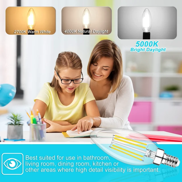 Alt view image 4 of 7 - 8 Pack Dimmable E12 LED Candelabra Bulb 5000K Daylight 60W 600LM, CRI 85+, AC 120V, Type B Bulb for Chandeliers, Ceiling Fans, Clear Glass Candle Shape, Vintage Filament