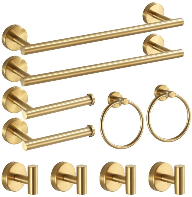 Main image of Bathroom Hardware Set Brushed Gold, 10pcs Towel Bar Set Including 2pcs16 inch Towel Bars, Toilet Paper Holders, Towel Rings and 4pcs Robe Towel Hooks