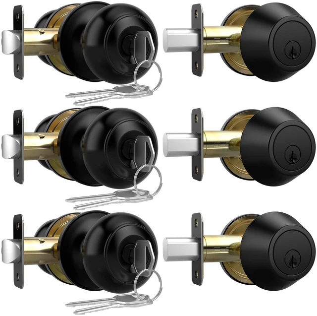 Main image of Exterior Door Knob with Lock and Key, 3 Pack Front Door Lock Set Keyed Alike Reversible Door Knob with Lock, Matte Black Single Cylinder Deadbolt Lock for Bedroom Offices, Adjustable Latch