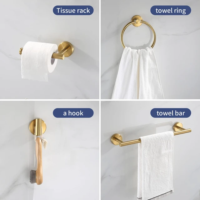 Alt view image 3 of 7 - Bathroom Hardware Set Brushed Gold, 10pcs Towel Bar Set Including 2pcs16 inch Towel Bars, Toilet Paper Holders, Towel Rings and 4pcs Robe Towel Hooks
