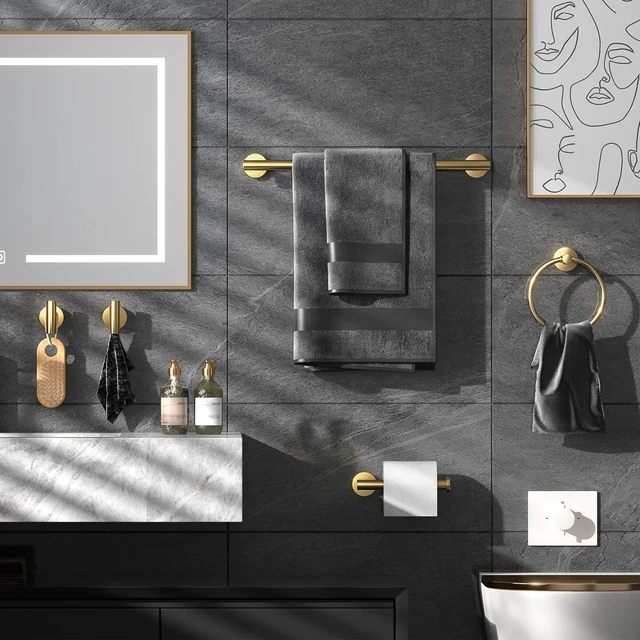 Alt view image 2 of 7 - Bathroom Hardware Set Brushed Gold, 10pcs Towel Bar Set Including 2pcs16 inch Towel Bars, Toilet Paper Holders, Towel Rings and 4pcs Robe Towel Hooks