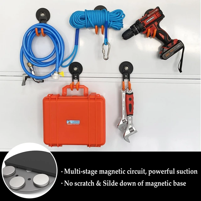 Alt view image 4 of 6 - Garage Magnetic Hooks, 4 Pack Black Heavy Duty Large J Hooks with Magnet, Black Strong Anti-Slip Coating Magnet Hooks for Garden Tools, Ropes,Drill,Metal Cabinet,Pegboard