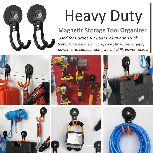 Alt view image 5 of 6 - Garage Magnetic Hooks, 4 Pack Black Heavy Duty Large J Hooks with Magnet, Black Strong Anti-Slip Coating Magnet Hooks for Garden Tools, Ropes,Drill,Metal Cabinet,Pegboard