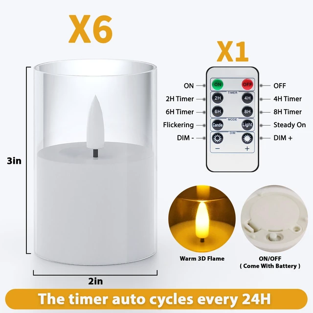 Alt view image 2 of 7 - 6Pack Flickering Flameless LED Candles with Remote & Timer, Battery Powered - Small Pillar & Votive, Clear (2"X3")
