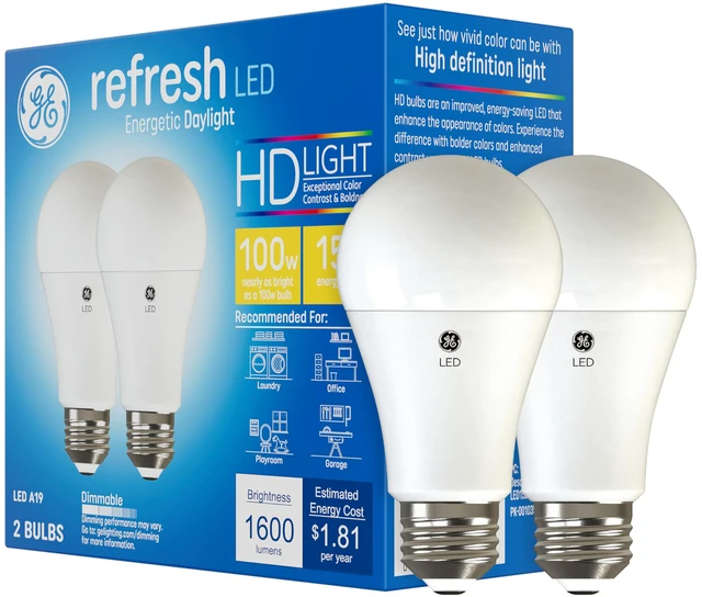 Main image of Refresh LED Light Bulbs, 100 Watt, Daylight, A19 (2 Pack) Energy-saving 100W Replacement, bright daylight white light, A19 base, living room & kitchen ready, 2 Bulbs
