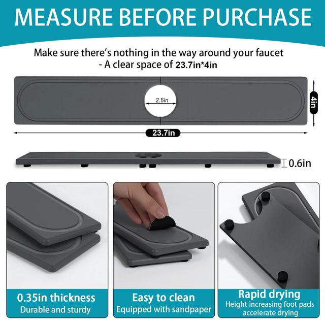 Alt view image 2 of 7 - Faucet Mat for Kitchen Sink with Raised Feet, Fast Drying Diatomite Stone Sink Tray, Water Absorbent Faucet & Sink Splash Guard, Prevents Moisture Buildup, Durable Protector for Bathroom Counter