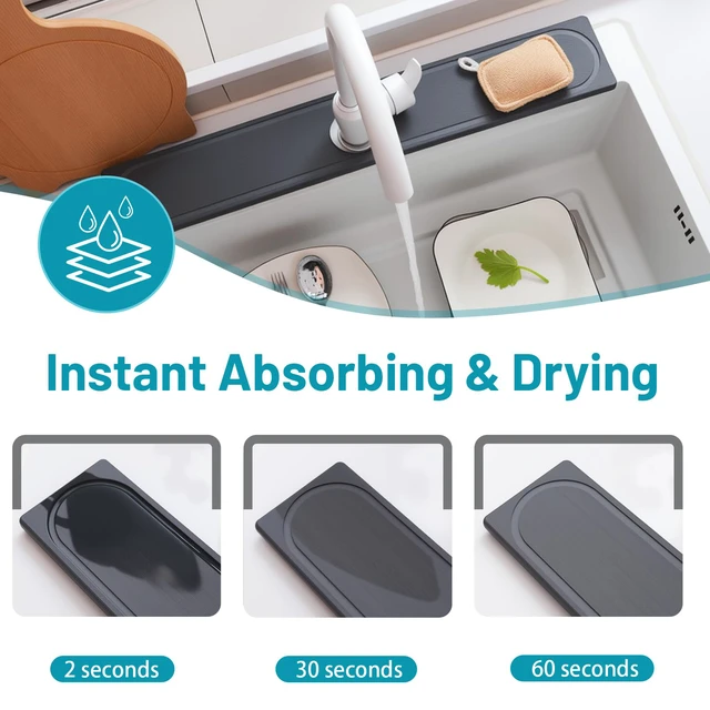 Alt view image 3 of 7 - Faucet Mat for Kitchen Sink with Raised Feet, Fast Drying Diatomite Stone Sink Tray, Water Absorbent Faucet & Sink Splash Guard, Prevents Moisture Buildup, Durable Protector for Bathroom Counter