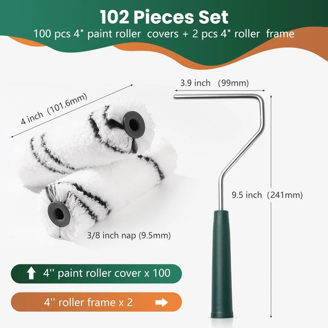 Alt view image 5 of 6 - Microfiber Paint Roller 4 Inch, 3/8 Inch Nap, 100 Pack 4 Inch Microfiber Sleeves, Matching Roller Frame Included, Mini Small Roller for House Wall Painting & Home DIY Tools