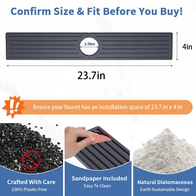 Alt view image 3 of 7 - Faucet Mat for Kitchen Sink, Water Absorbent Kitchen Faucet Mat, Durable Sink Splash Guard with Raised Feet, Diatomite Fast Drying Kitchen Sink Faucet Mat, Stone Drying Tray for Bathroom Counter