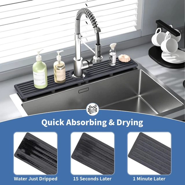 Alt view image 5 of 7 - Faucet Mat for Kitchen Sink, Water Absorbent Kitchen Faucet Mat, Durable Sink Splash Guard with Raised Feet, Diatomite Fast Drying Kitchen Sink Faucet Mat, Stone Drying Tray for Bathroom Counter